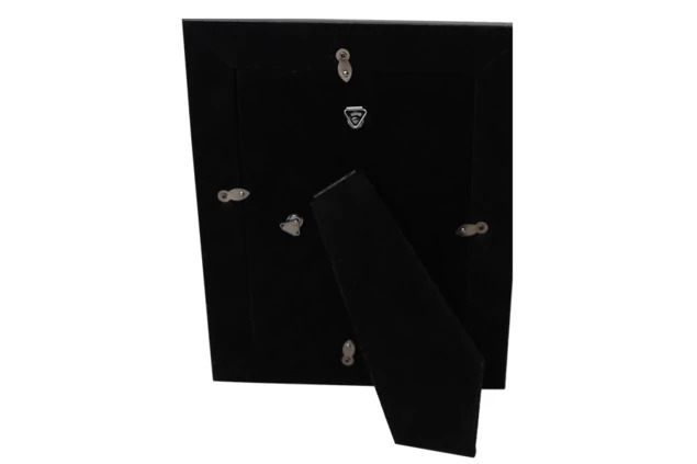 Back of Black Wood Frame showing velour door, easel back, and hanging triangles for wall or desk display