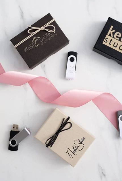 Tyndell USB Kit in Kraft showing natural finish with foam insert and stribbon for digital delivery