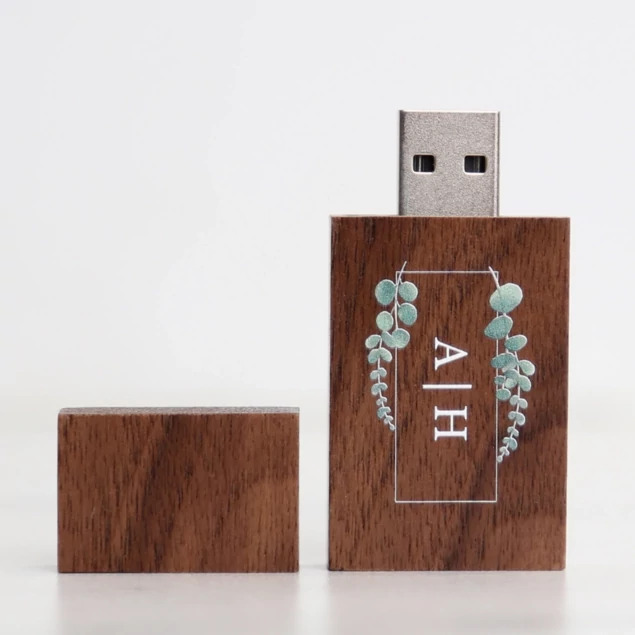 Tyndell Maple Wood Flash Drive with full color printed studio logo showing customization on natural maple wood surface