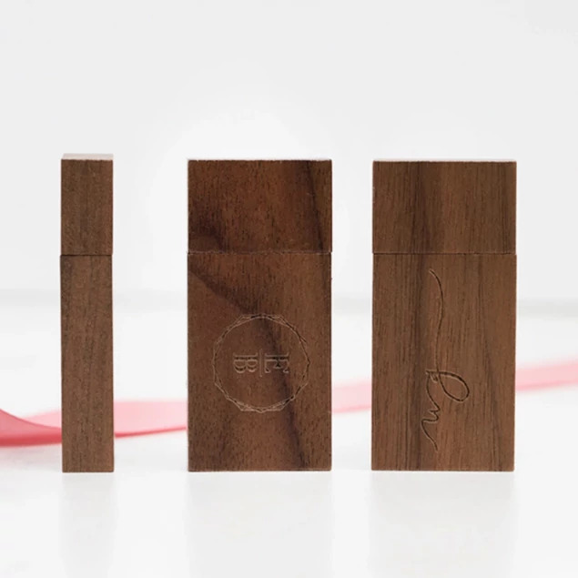Tyndell Walnut Wood Flash Drive paired with Walnut Flash Drive Box showing complete branded digital delivery package