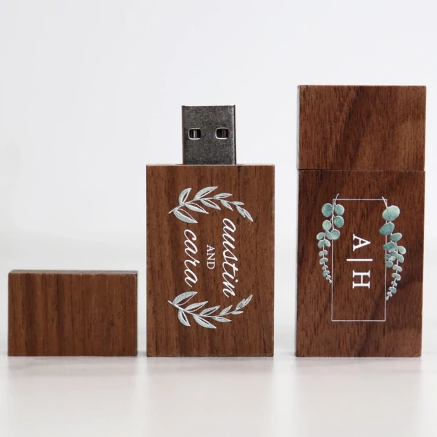 Tyndell Walnut Wood Flash Drives showing natural walnut wood construction with magnetic cap in 128MB through 16GB capacities