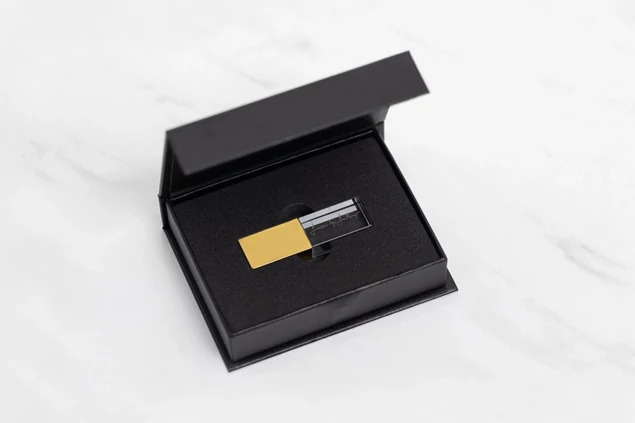 Black Magnetic USB Gift Box open showing dense foam insert holding Crystal Flash Drive