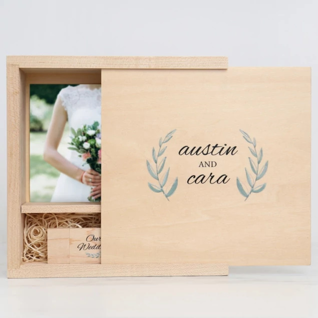 Tyndell Maple Wood Flash and Print Box with full color printed studio logo showing customization on maple lid