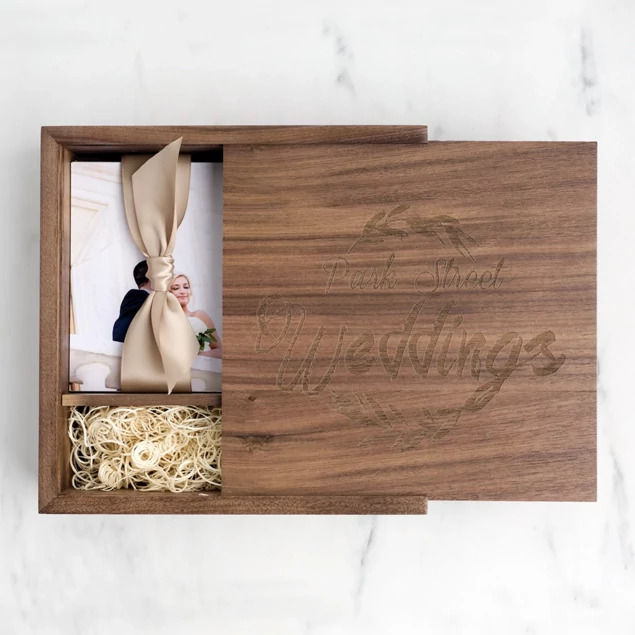 Tyndell Walnut Wood Flash and Print Box in 4x6 and 5x7 showing natural walnut wood construction with sliding lid