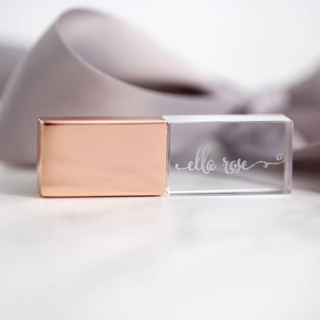 Close-up of Rose Gold cap crystal flash drive showing clear crystal body and elegant design