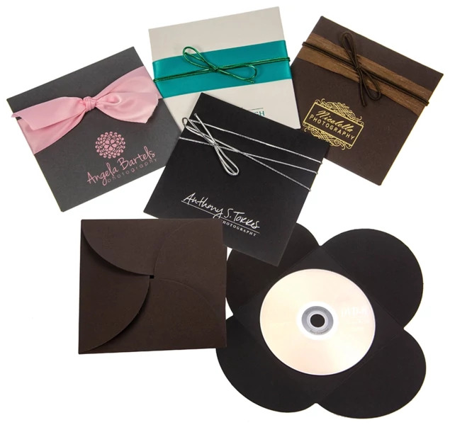 CD Petals in Black, Chocolate, White, and Kraft colors fanned out with a CD disc showing petal shape design