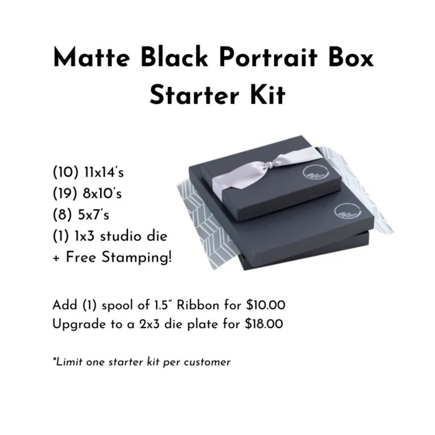 Matte Black Portrait Box Starter Kit showing 5x7, 8x10, and 11x14 boxes with ribbon and studio foil imprinting