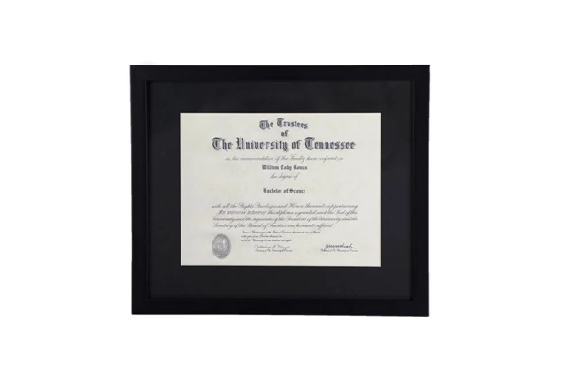 Black wood diploma frame in 12x14.5 size with black bevel-cut mat for 8.5x11 certificate display