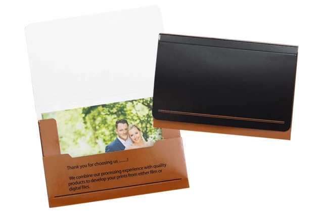 Royal Print Wallet in Black Gold showing wallet print envelope for up to 72 prints in 4x6 size