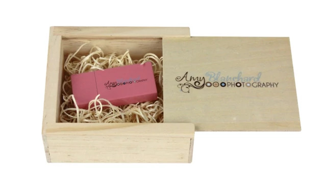 Tyndell Modern Gloss Wood Flash Drive in Lime Green with full color printed studio logo showing customization