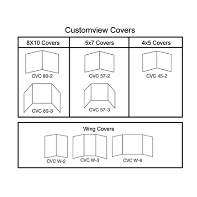 Diagram showing Custom View Folio Cover sizes including 8x10, 5x7, 4x5, and Wing cover options