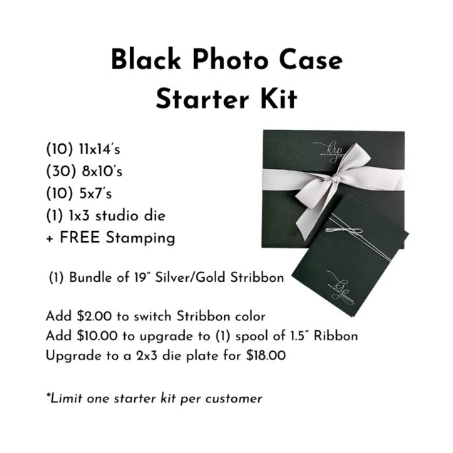 Black Photo Case Starter Kit showing 5x7, 8x10, and 11x14 cases with stribbon and studio foil imprinting