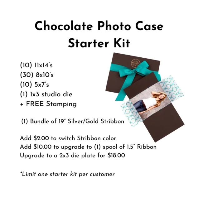 Chocolate Photo Case Starter Kit showing 5x7, 8x10, and 11x14 cases with stribbon and studio foil imprinting