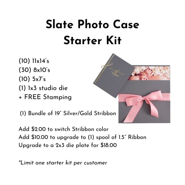 Slate Photo Case Starter Kit showing 5x7, 8x10, and 11x14 cases with stribbon and studio foil imprinting