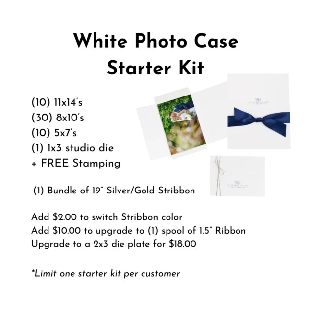 White Photo Case Starter Kit showing 5x7, 8x10, and 11x14 cases with stribbon and studio foil imprinting