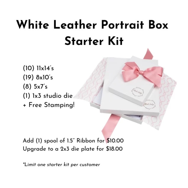 White Portrait Box Starter Kit showing 5x7, 8x10, and 11x14 white portrait boxes with studio foil imprinting and ribbon