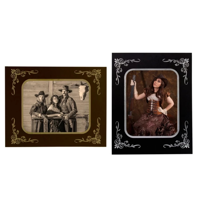 Tyndell Victorian Mat in Black with silver foil and Chocolate with gold foil showing rounded rectangular opening in 5x7 and 8x10