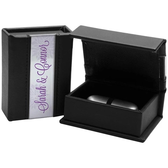 Black leatherette and acrylic USB box showing magnetic closure flap and acrylic front cover for photo insert