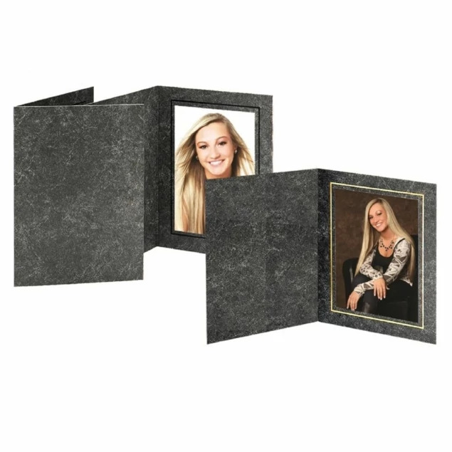 Black marble and gold Avanti Folder open showing slip-in side-loading design for portrait delivery