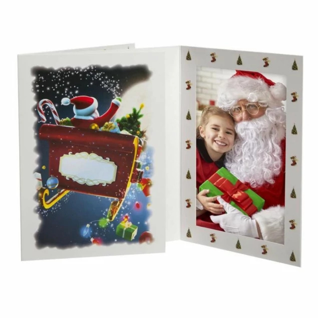 Sleigh Folders in 4x6 and 5x7 showing white coated board with Santa sleigh design for holiday portrait delivery