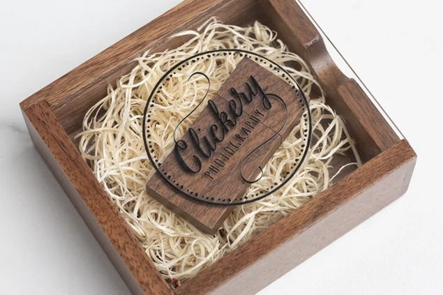 Tyndell Walnut Wood Flash Drive Box with acrylic top open showing natural wood filling for flash drive protection