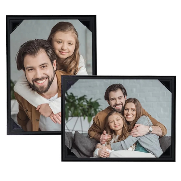 Black Digital Easel displaying family portrait using die-cut corner slots showing dual easel design