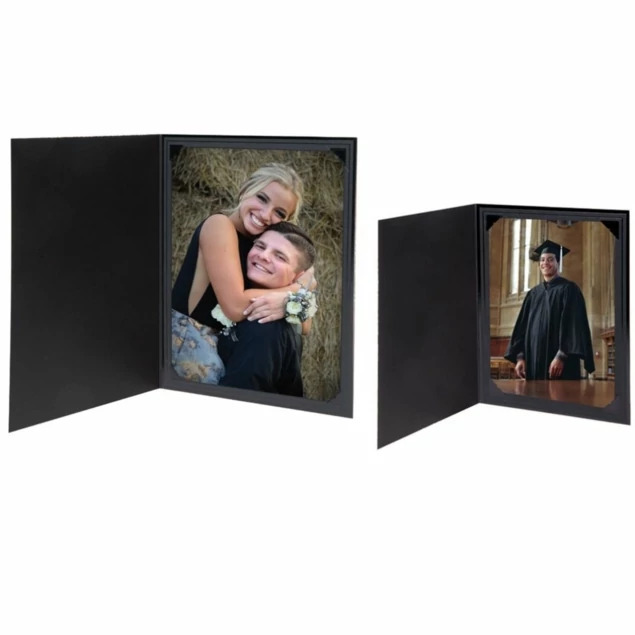 Black Cut Cornered Folder showing four embossed foil stamped corners holding a 4x6 portrait print