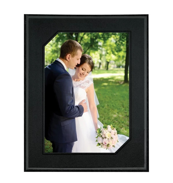 Alumni Easel displaying wedding portrait with pebble finish and gold foil accents     TAP portrait easel