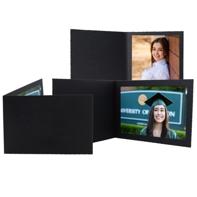Senior Slip-in Folders in 4x5, 4x6, 5x7, 6x4, 7x5, 8x10, 10x8, and 11x14 showing top-loading black recycled paper construction