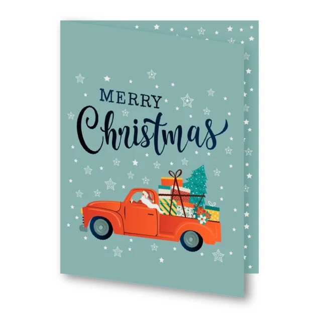 Santa Truck Folders in 4x6 and 5x7 showing teal finish with Santa truck motif for holiday portrait delivery