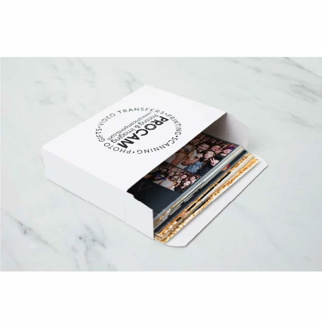 White Tyndell Photo Proof Box open showing interior capacity for 150 or 300 prints