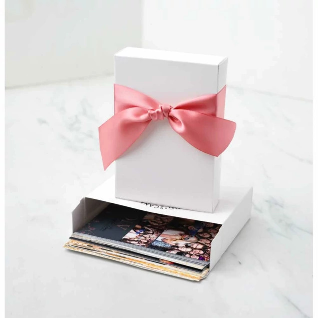 White Tyndell Photo Proof Boxes in small and large sizes showing studio die foil imprinting option