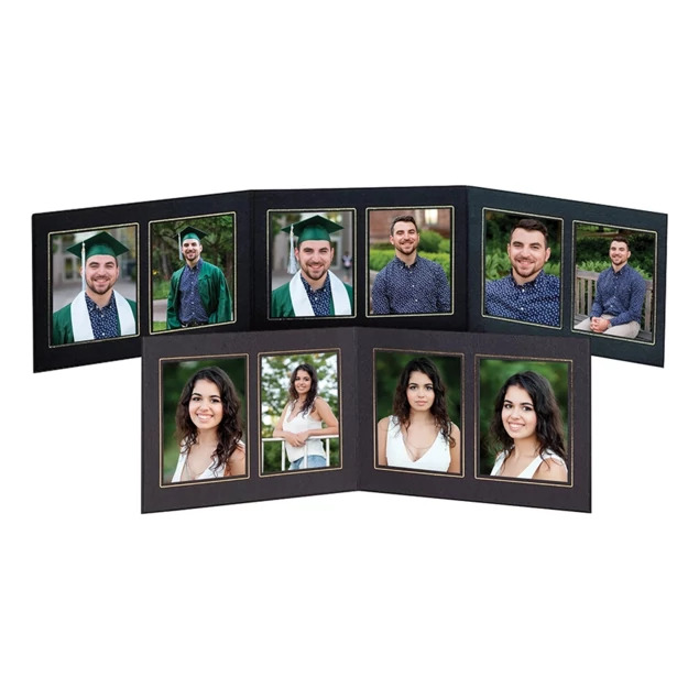 Black and gold Elm Econo Folders showing leatherette textured cover with 4 and 6 image bottom-loading layouts