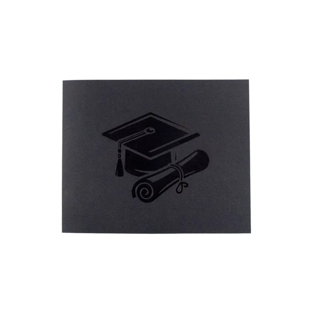 Black Grad Folder closed showing black foil graduation cap and diploma detail on front cover