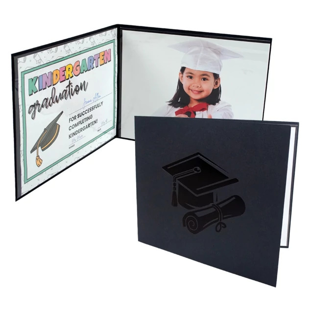 Black Grad Folder shown open flat displaying two 10x8 openings with plastic sleeves and foil border
