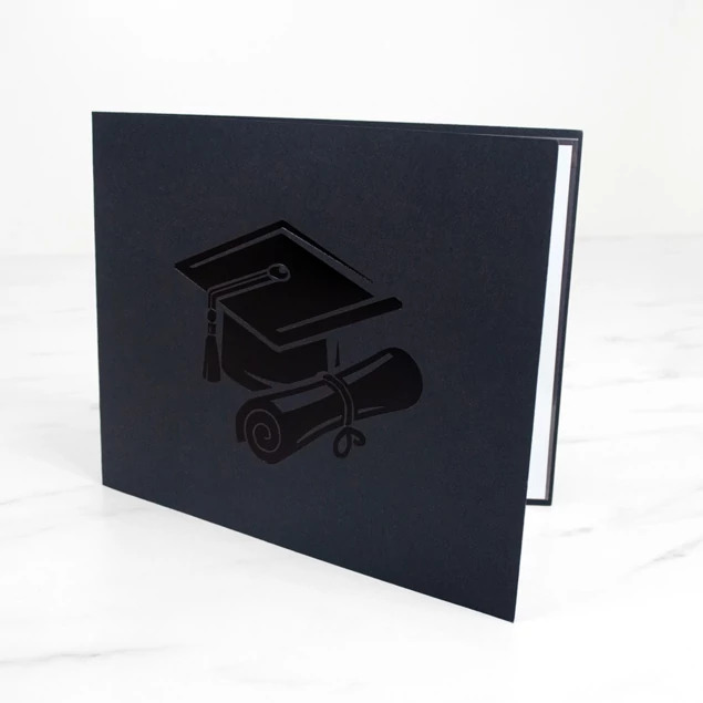 Black Grad Folder open showing clean edges and plastic sleeves for holding two 10x8 prints or certificates