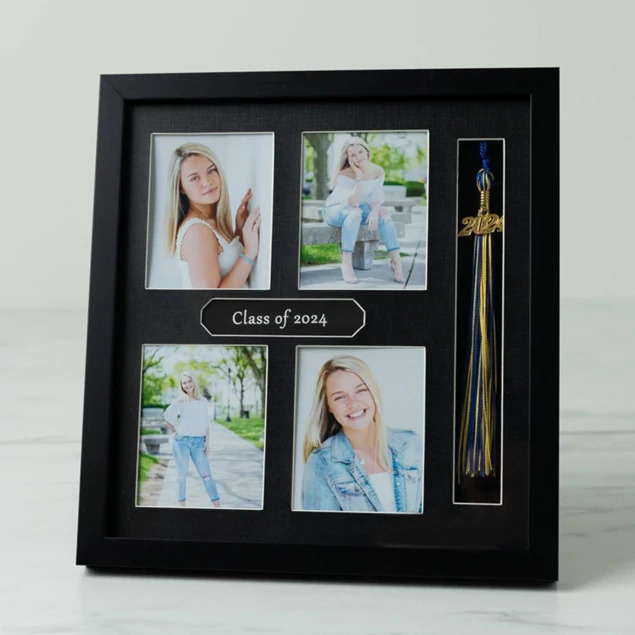 Tyndell Tassel Frame in 4-4x5 showing black wood frame with white border holding four portraits, graduation year, and tassel