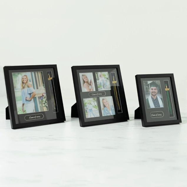 Tyndell Tassel Frames in all three sizes  4-4x5, 5x7, and 8x10 showing black wood frame with white border