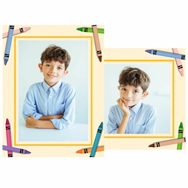 Crayon Panel Mount showing colorful crayon design for 5x7 school portrait display with dual easel back