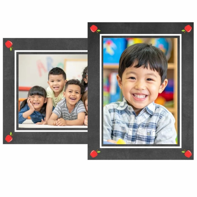 School Days Panel Mount showing apple school design with dual easel back for vertical and horizontal display in 5x7