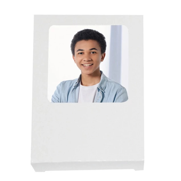 Tyndell White Wallet Boxes in 2.5x3.5 size with viewing window showing printed coated board construction
