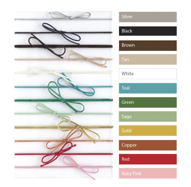 Tyndell Stribbons in multiple colors showing pre-tied bow elastic bands in 10 inch, 19 inch, and 28 inch sizes