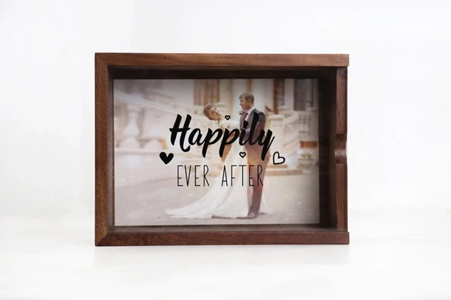 Tyndell Walnut Wood Print Box with acrylic top open showing removable sliding lid and storage for up to 200 prints