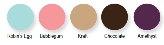 CD Petals in Robin Egg, Bubblegum, Kraft, Chocolate, Black, and Purple Amethyst shown together