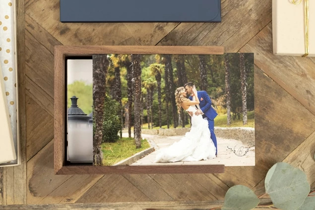 Tyndell Walnut Wood Print Box with full color printed design showing customization on walnut wood surface