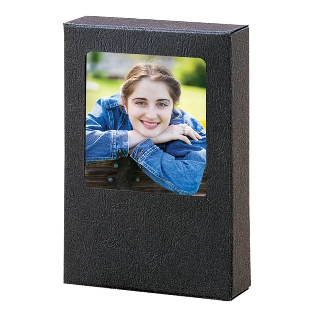 Tyndell Willow Wallet Box in Ebony Black showing linen finish photo mount board with viewing window for 2.5x3.5 prints