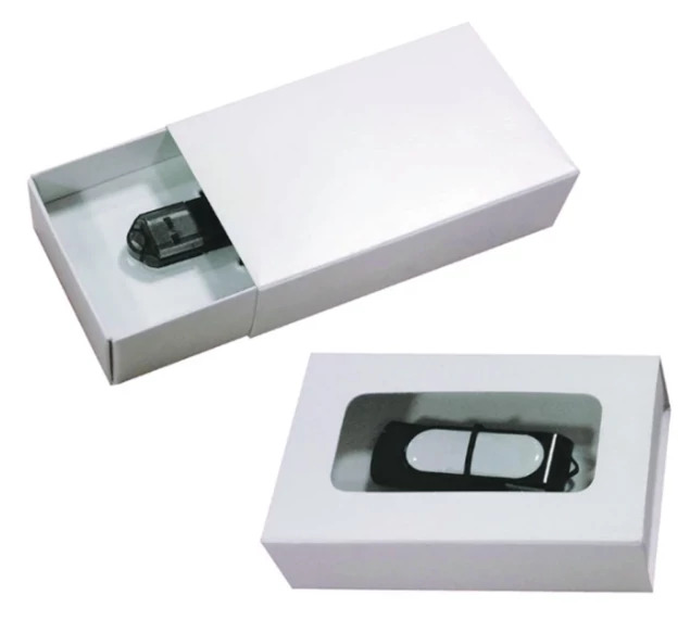 Tyndell White USB Slide Box showing plain and window versions with elastic band slide closure design sold in packs of 10