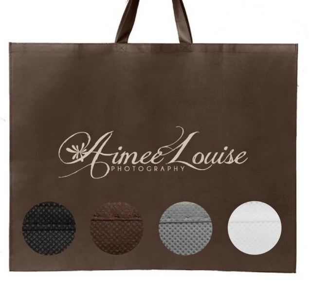 Black frame bag with screen printed studio logo showing branding option on nonwoven bag