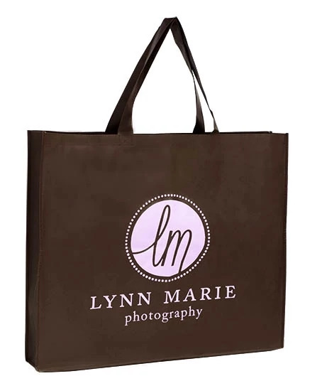 Chocolate frame bag with screen printed studio logo showing branding option on nonwoven bag