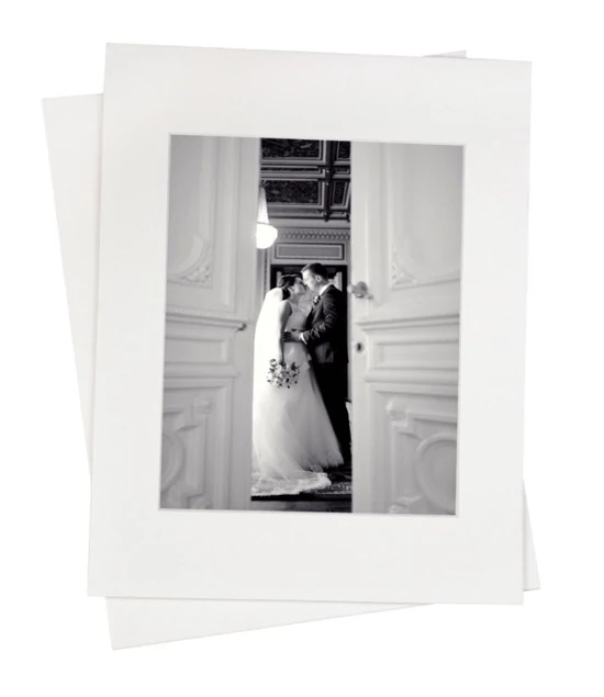 Archival portfolio mats displaying black and white wedding portrait with beveled edge and linen texture finish     Tyndell